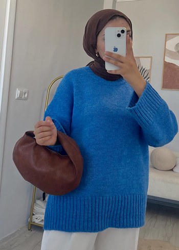 Kadın Mavi Oversize Triko Kazak - Görsel 3