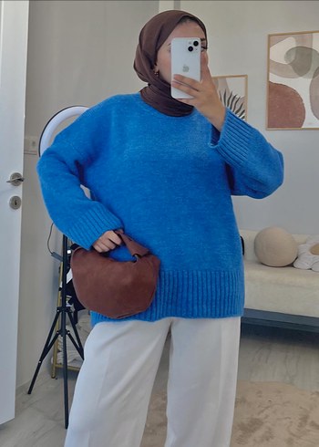 Kadın Mavi Oversize Triko Kazak - Görsel 2