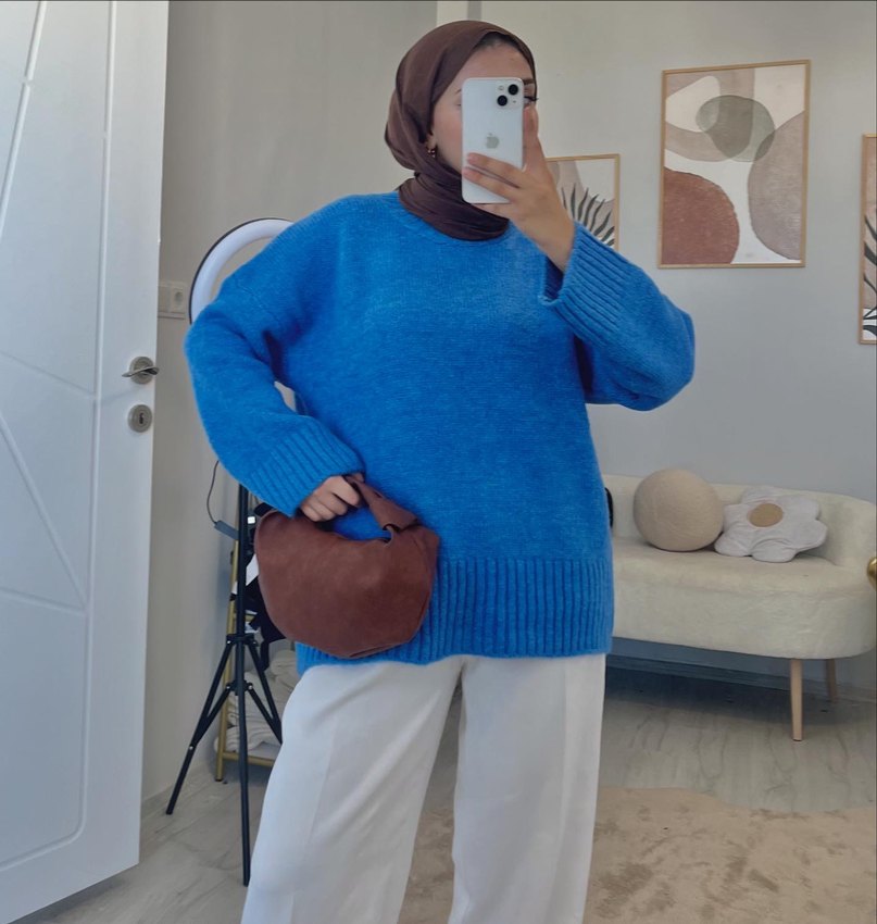 Kadın Mavi Oversize Triko Kazak - Görsel 2