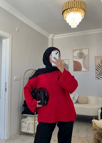 Kırmızı Etnik Desenli Kadın Triko Kazak - Görsel 2