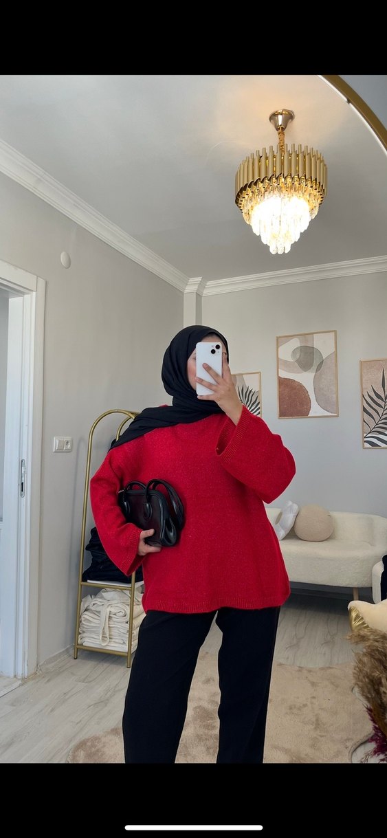 Kırmızı Etnik Desenli Kadın Triko Kazak - Görsel 2