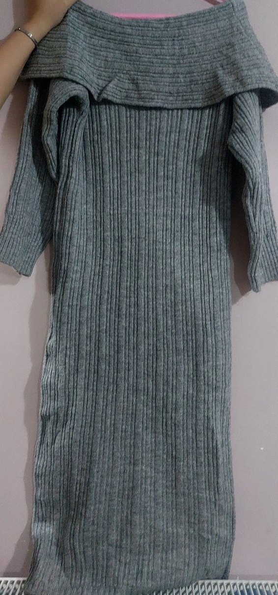 madonna yaka gri triko elbise (%100 sentetik ipek) - Görsel 4