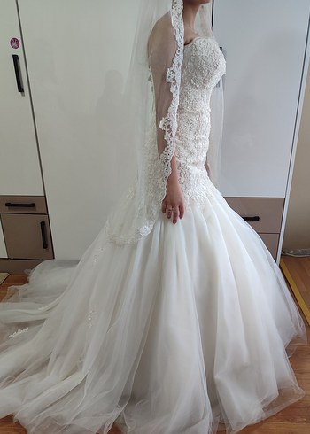 Straplez A Kesim Midi Beyaz Gelinlik - Görsel 8