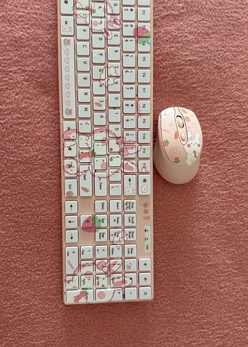 Pembe Pastel Desenli Kablosuz Klavye ve Mouse - Görsel 5