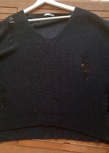 ZARA Lacivert V Yakalı Örgü Kadın Kazak - Görsel 3