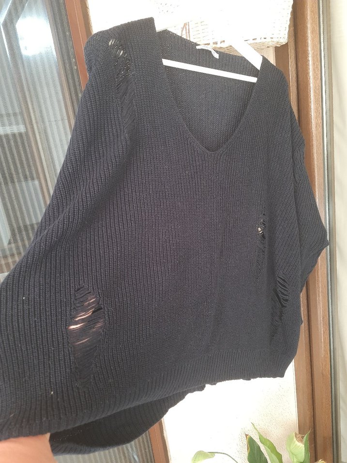 ZARA Lacivert V Yakalı Örgü Kadın Kazak - Görsel 4