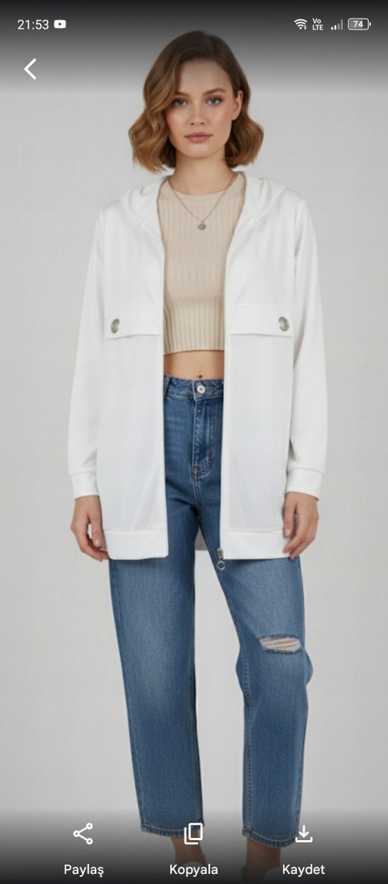 Beyaz Kapüşonlu Fermuarlı Ceket - Görsel 3