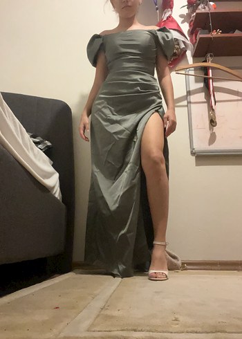 Sırt Detaylı Uzun Haki Drapeli Abiye Elbise - Görsel 5