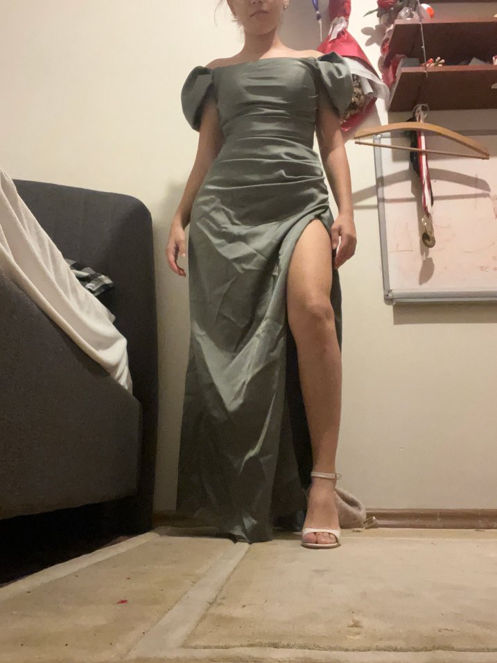 Sırt Detaylı Uzun Haki Drapeli Abiye Elbise - Görsel 5