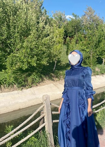 Abiye Hülya Keser Uzun Kollu Drapeli Lacivert Tesettür Abiye