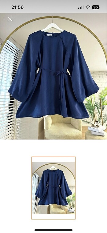 Lacivert bel bağlamalı tunik bluz