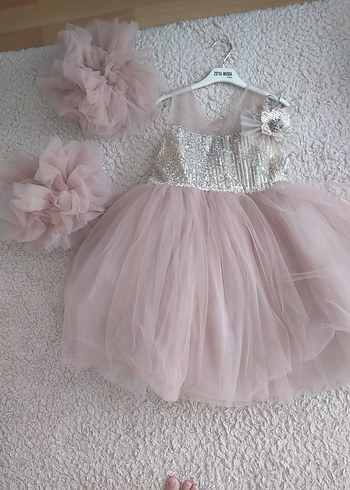 Pembe Nakışlı Askısız Kız Elbisesi