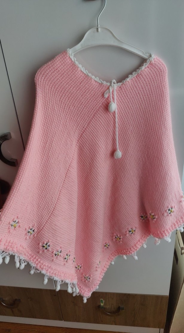 Pembe Nakışlı El Örgüsü Kız Panço 7 yaş ile 10 yaş arası uyar - Görsel 2