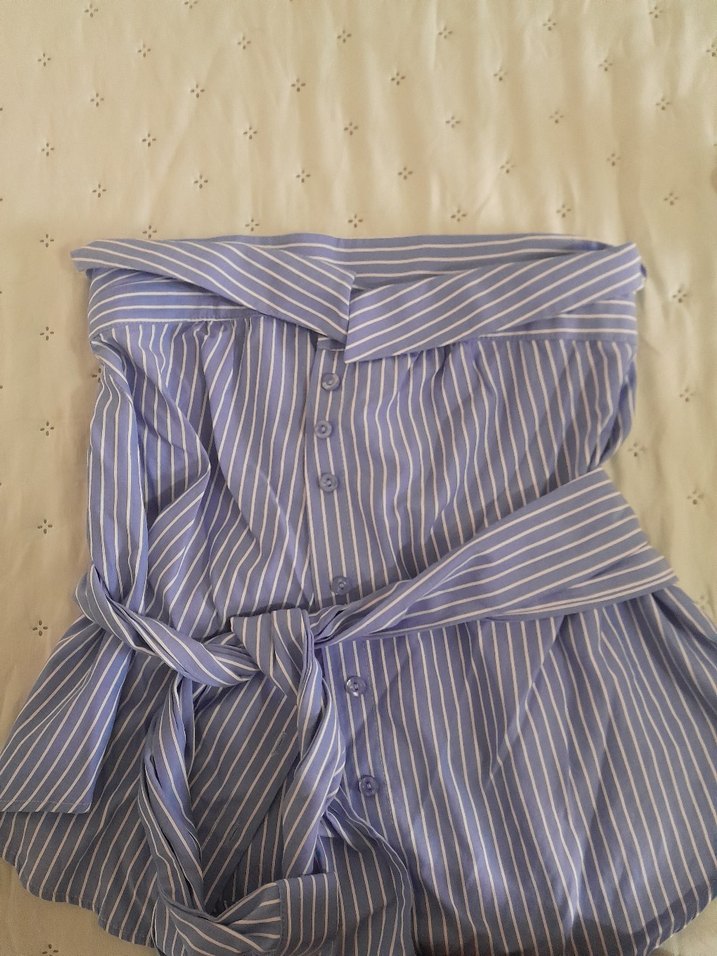 Düğmeli Mavi Çizgili straplez bluz belden bağlama detaylı - Görsel 2