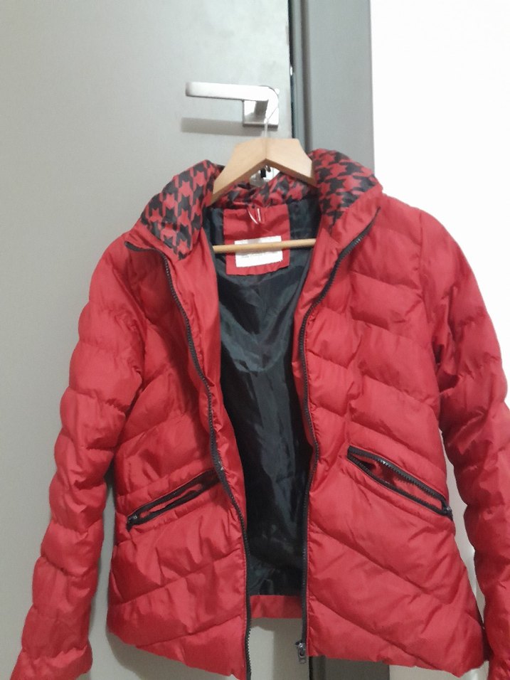 Kırmızı Kadın Midi Kışlık Mont Kapüşonlu - Görsel 2