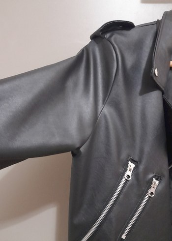 Siyah Deri Biker Ceket, Fermuarlı, İnce Kesim - Görsel 2