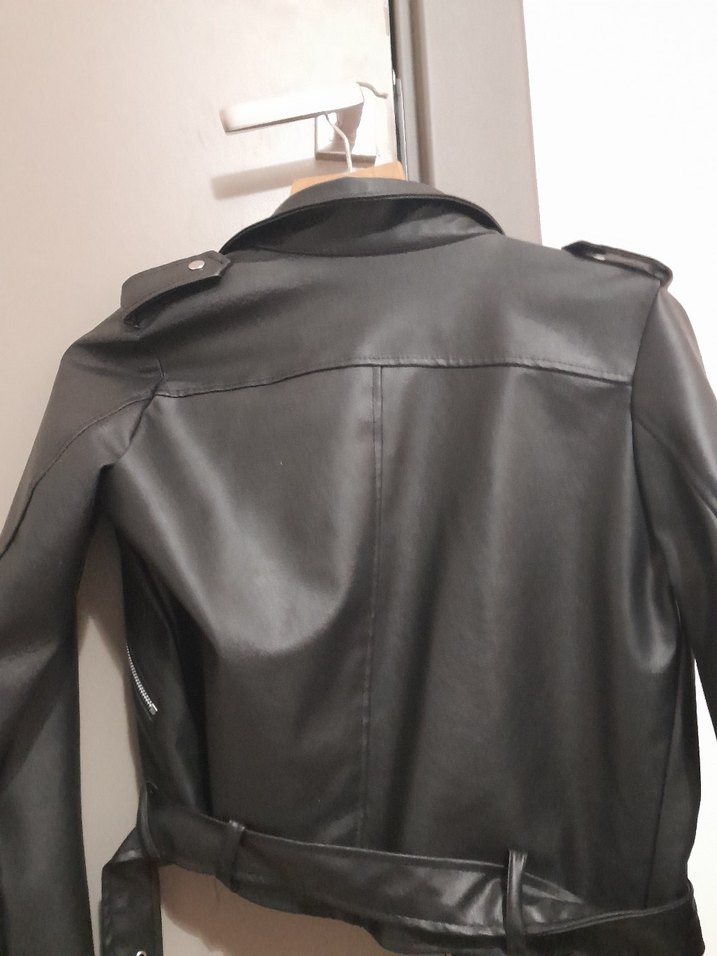 Siyah Deri Biker Ceket, Fermuarlı, İnce Kesim - Görsel 5