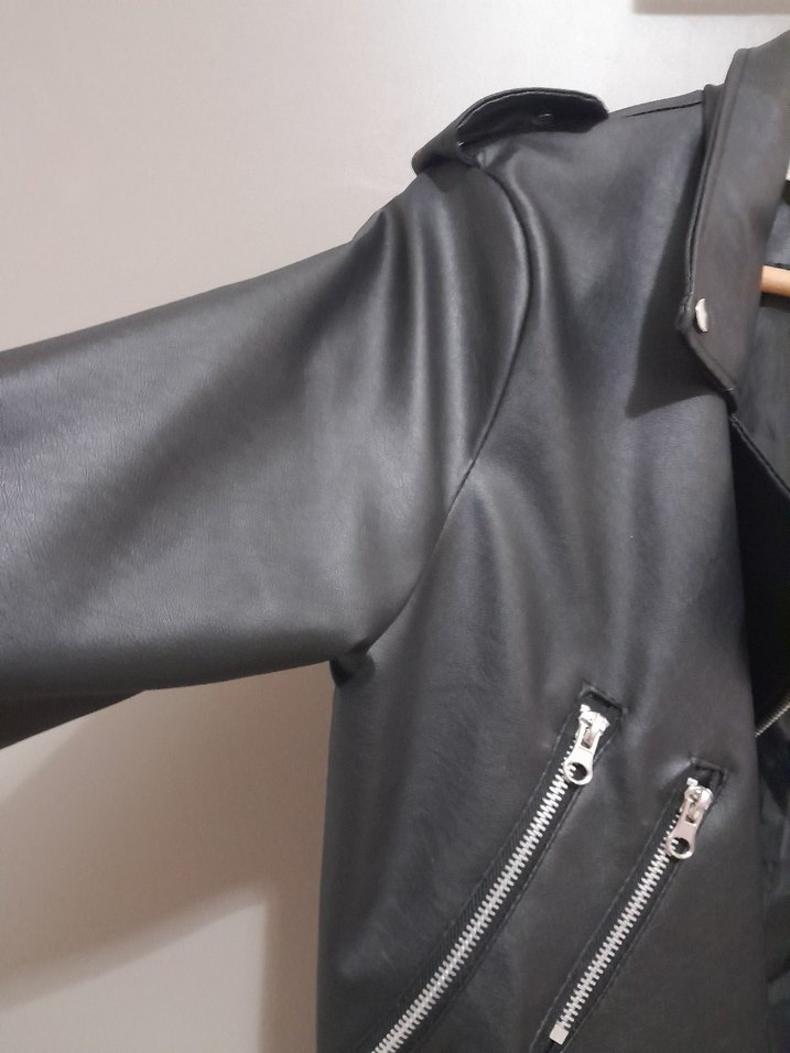 Siyah Deri Biker Ceket, Fermuarlı, İnce Kesim - Görsel 2