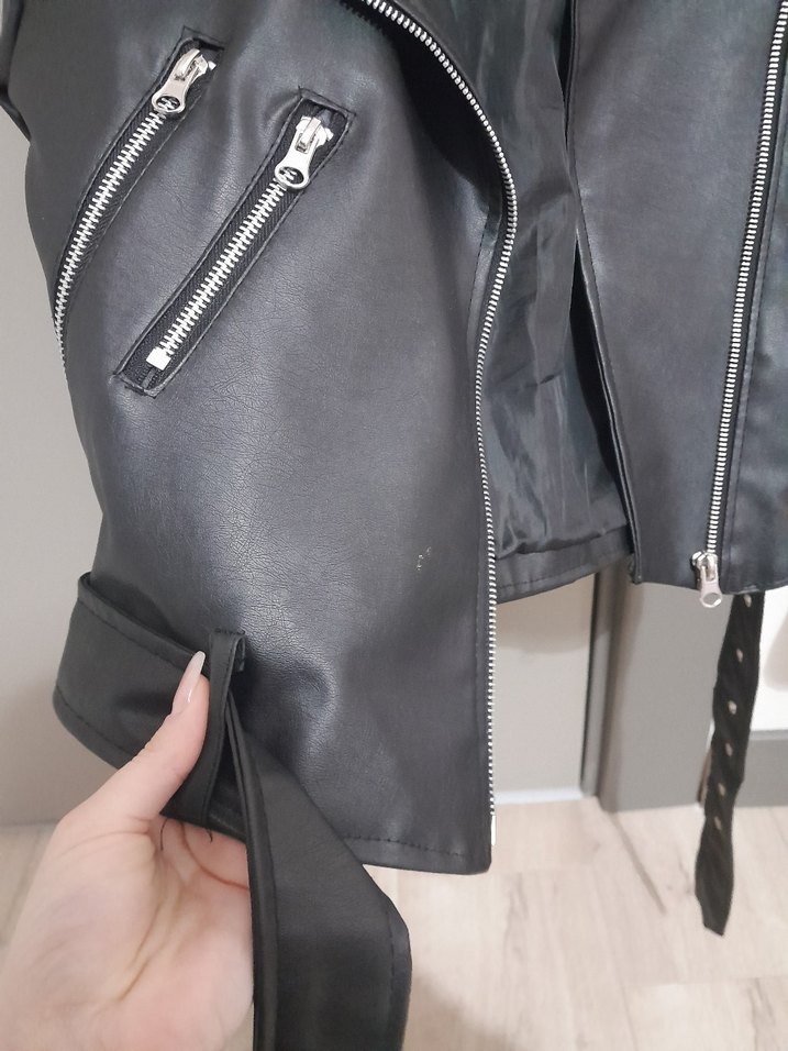 Siyah Deri Biker Ceket, Fermuarlı, İnce Kesim - Görsel 4