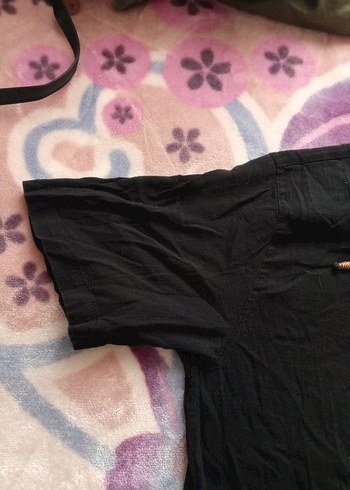 Siyah V Yaka Keten Kadın Gömlek - Görsel 2