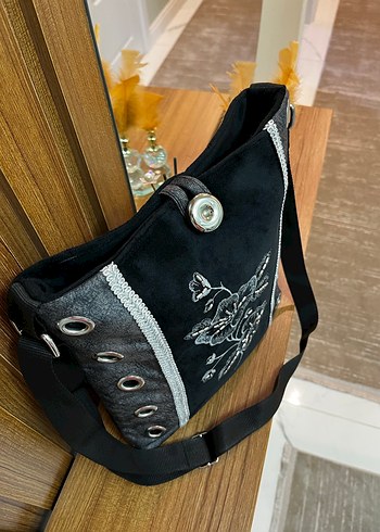 Nakışlı Siyah Süet Bohem Kadın Çanta Gotik Çapraz Çanta - Görsel 2