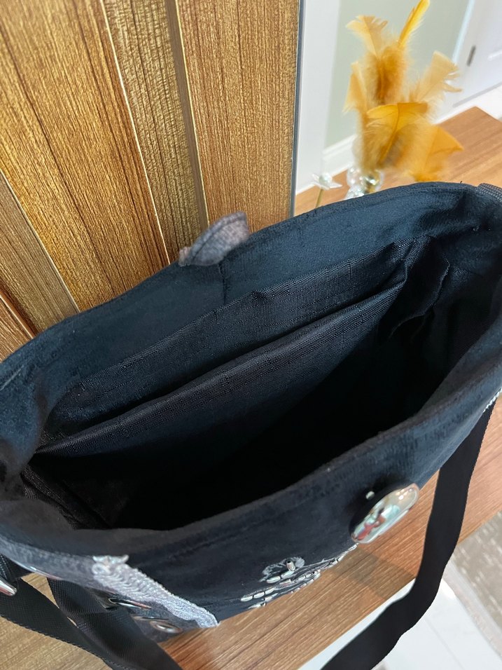 Nakışlı Siyah Süet Bohem Kadın Çanta Gotik Çapraz Çanta - Görsel 3