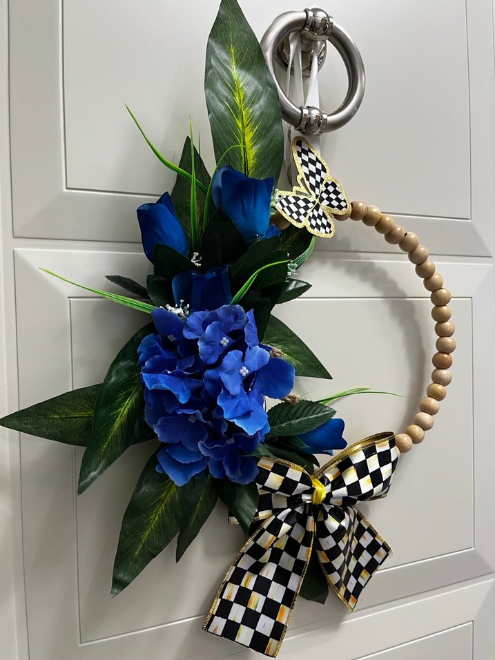 Mavi Ortanca Yapay Çiçekli Boncuklu Kapı süsü - Görsel 2
