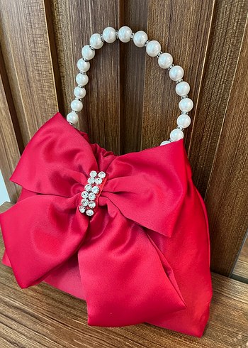 Fiyonklu Kırmızı Kadın Portföy Çanta Taşlı İncili - Görsel 2