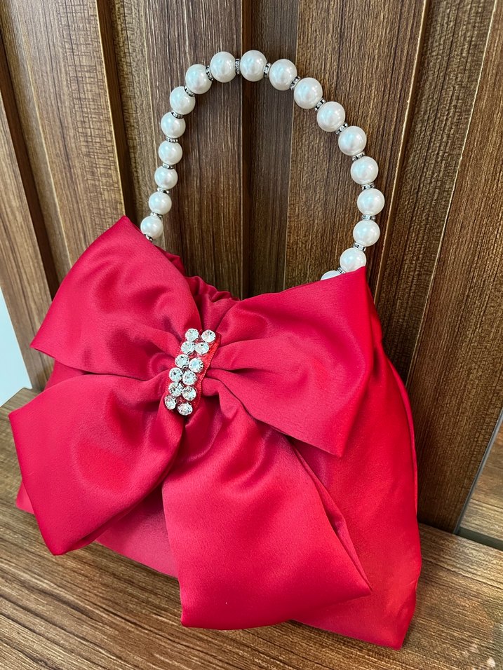 Fiyonklu Kırmızı Kadın Portföy Çanta Taşlı İncili - Görsel 2