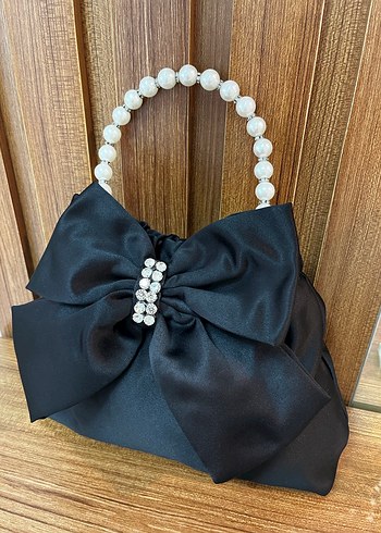 İnci Saplı Siyah Saten Fiyonklu Kadın Çanta - Görsel 2