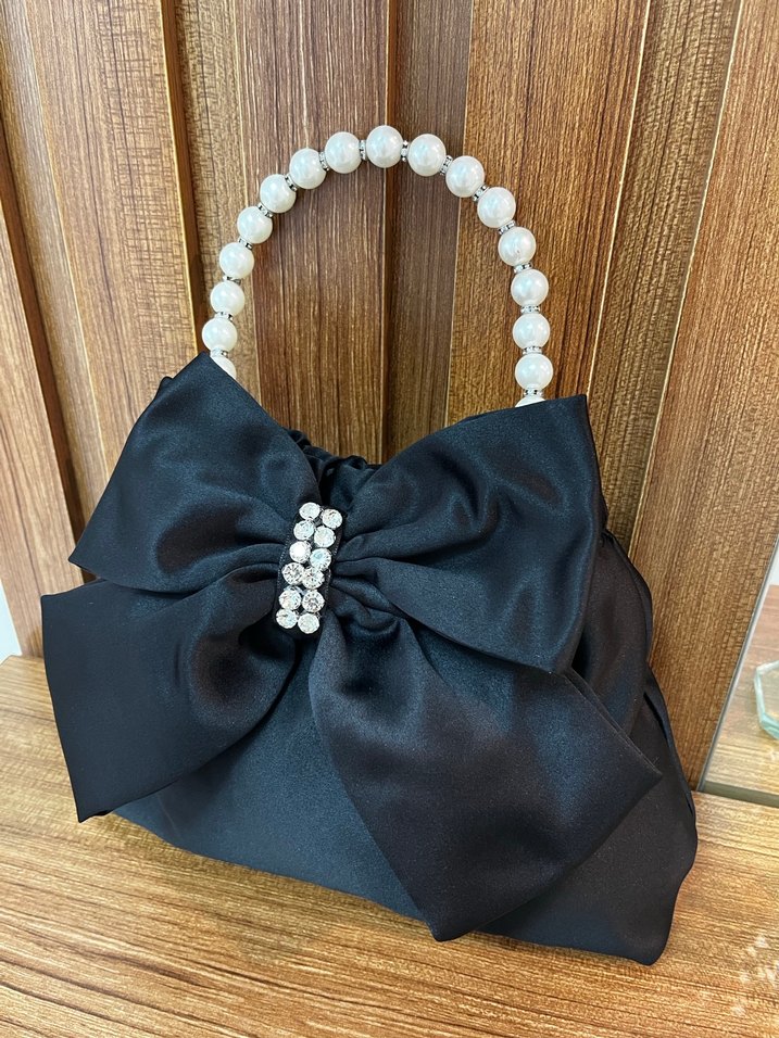 İnci Saplı Siyah Saten Fiyonklu Kadın Çanta - Görsel 2