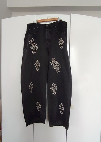 Diğer Koyu Siyah Hacli Rahat Denim Pantolon 52 Beden