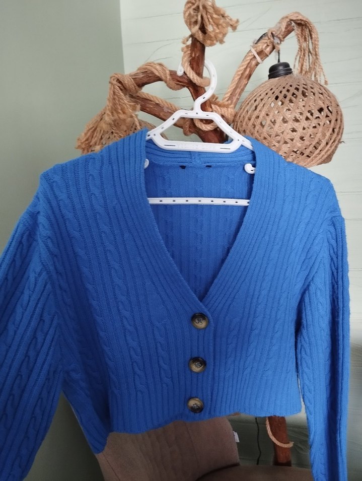 Mavi V Yaka Triko Kadın Hırka - Görsel 2