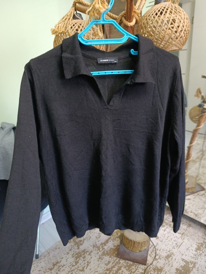 Siyah Kadın Uzun Kollu Polo Yaka Kazak - Görsel 2