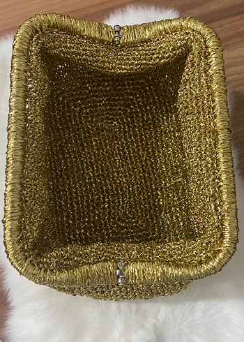 Kürk Detaylı Altın Renk Örgü Kadın Clutch Çanta - Görsel 5