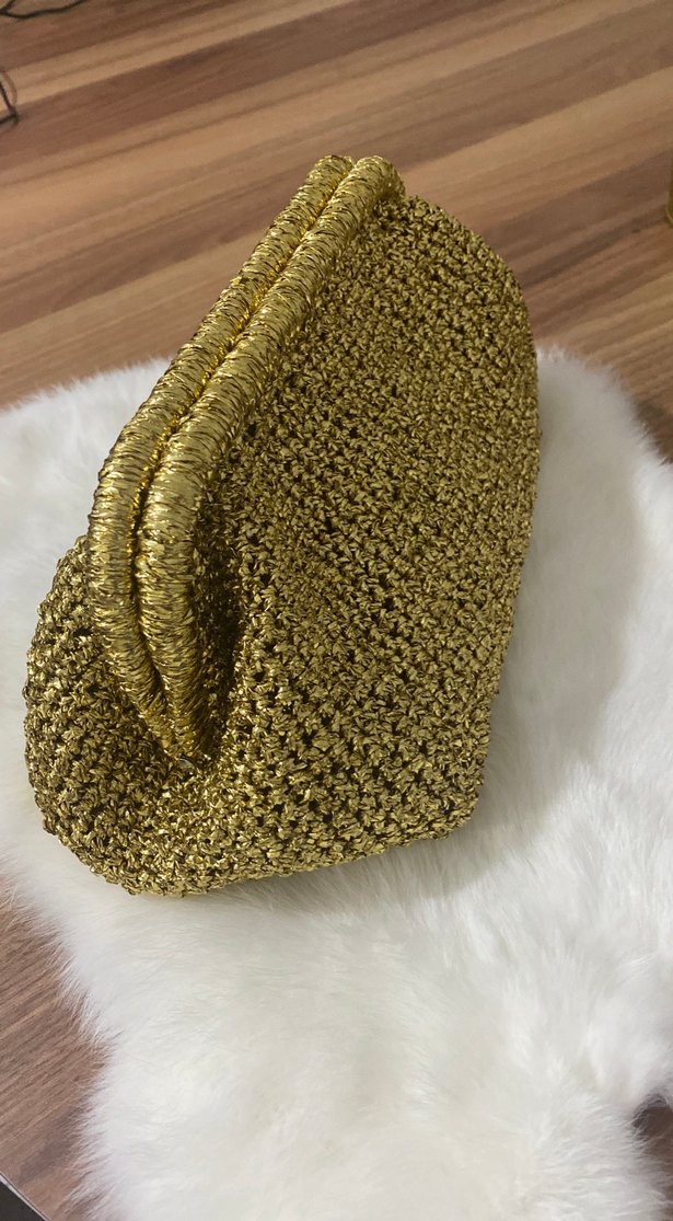 Kürk Detaylı Altın Renk Örgü Kadın Clutch Çanta - Görsel 2