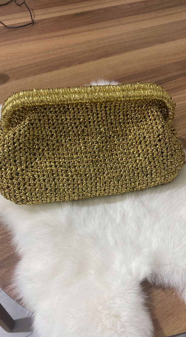 Kürk Detaylı Altın Renk Örgü Kadın Clutch Çanta - Görsel 4