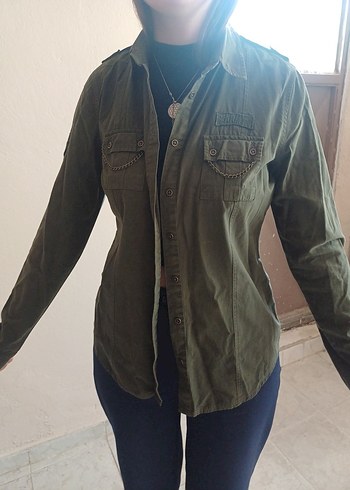Kadın Haki Denim Gömlek, Düğmeli, Uzun Kollu