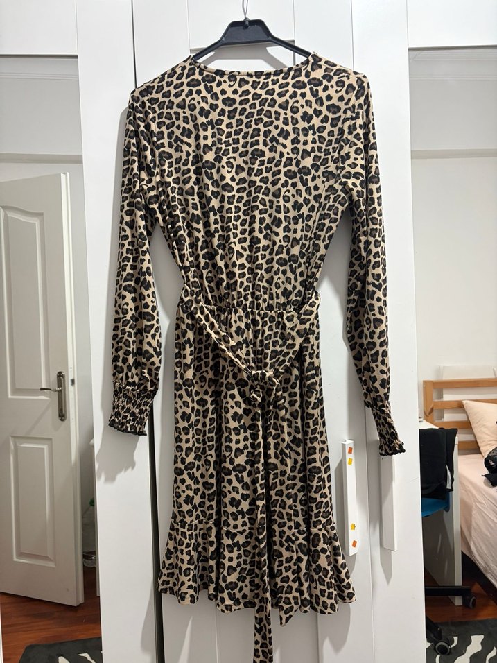 Kahverengi Leopar Desenli Uzun Kollu Elbise - Görsel 2