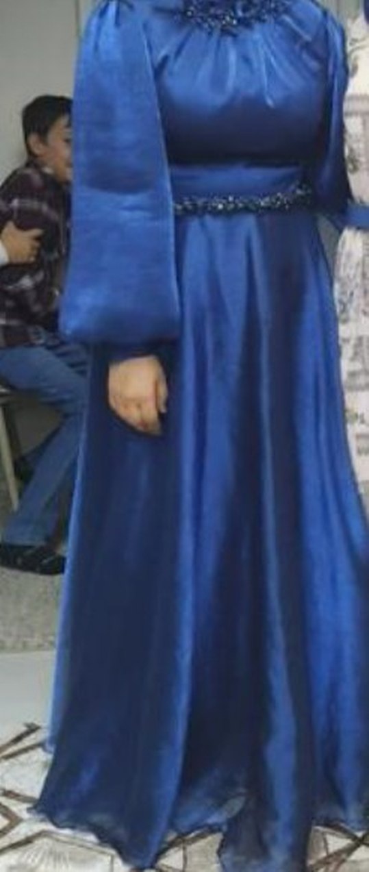 Lacivert Uzun Kollu Drapeli Elbisesi - Görsel 2