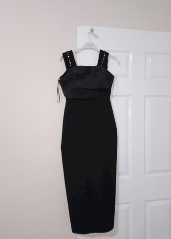 Siyah kalın askılı Midi Mezuniyet Elbisesi - Görsel 2