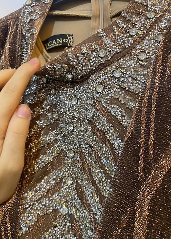 Drapeli Kahverengi Yılan Desenli Uzun Abiye Elbise - Görsel 6