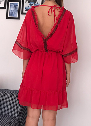 Trendyol & Milla kırmızı şifon fırfırlı abiye mini elbise tüllü 38 beden