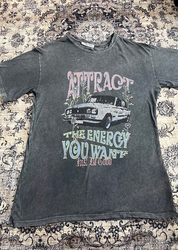 Bohem Gri Baskılı Kadın Oversize Tişört