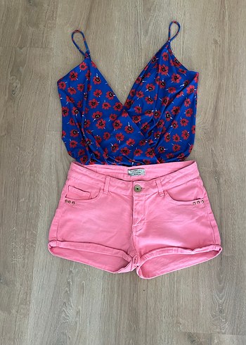 Renkli Desenli Drapeli Mavi Kadın body - Görsel 6