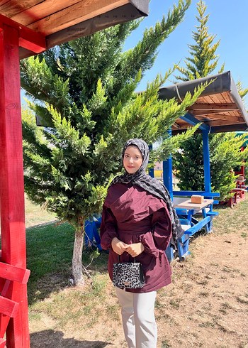 s Beden Bordo Bağlama Desenli Uzun Kollu Salaş Tunik