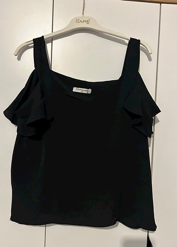 Siyah Mini Kadın Bluz Ruffled Detaylı