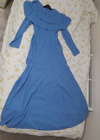 Mavi Uzun Kollu Drapeli Kadın Elbise - Görsel 2