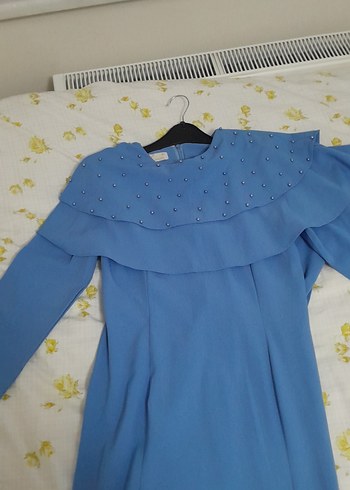 Mavi Uzun Kollu Drapeli Kadın Elbise - Görsel 5