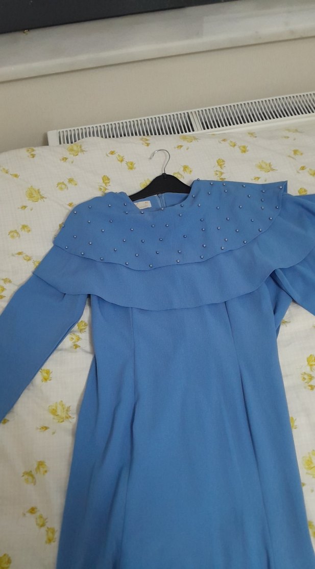 Mavi Uzun Kollu Drapeli Kadın Elbise - Görsel 5